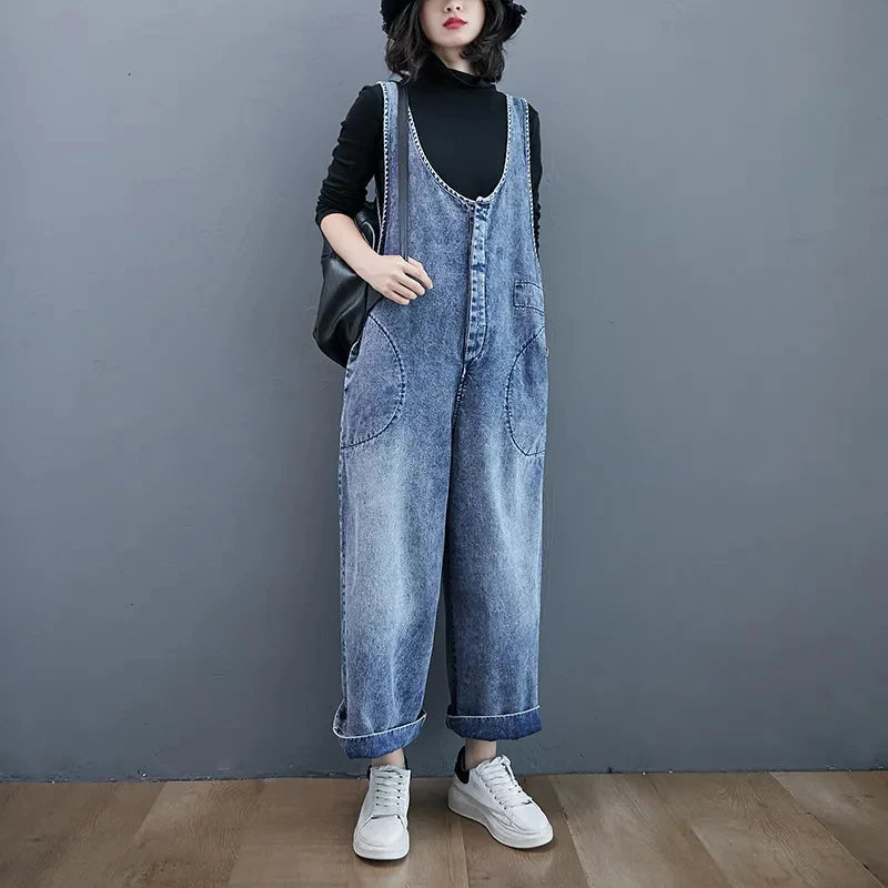 Denim Strap Pants Loose Wide leg Long Jeans Casual Student Denim Jumpsuit Mssza