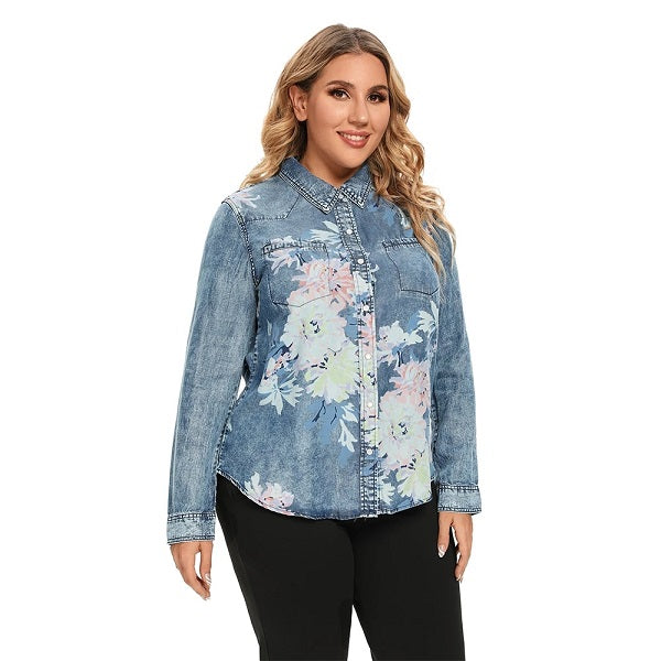 Denim Tops Shirt Casual Printed Long Sleeve Blouses Mssza
