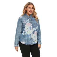Denim Tops Shirt Casual Printed Long Sleeve Blouses Mssza