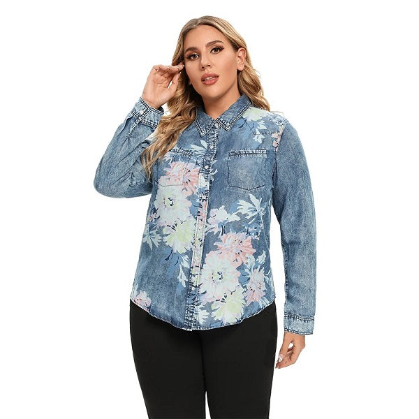 Denim Tops Shirt Casual Printed Long Sleeve Blouses Mssza