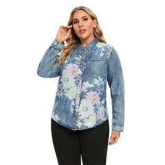 Denim Tops Shirt Casual Printed Long Sleeve Blouses Mssza