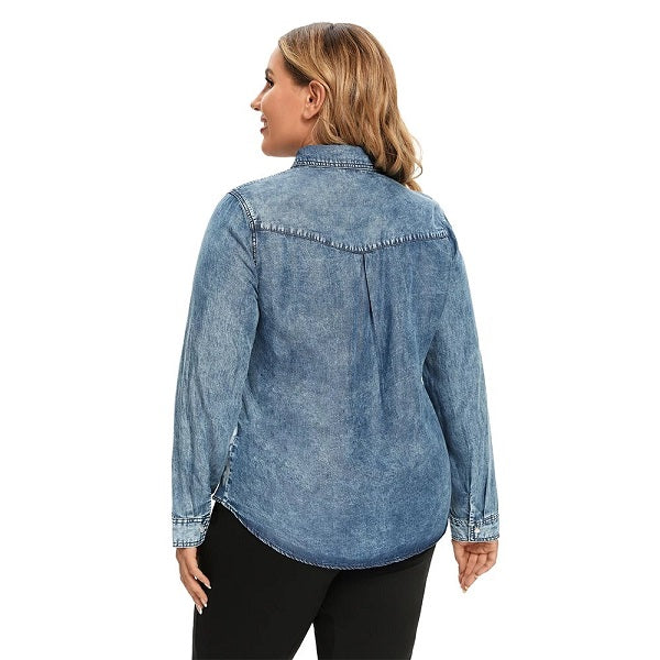 Denim Tops Shirt Casual Printed Long Sleeve Blouses Mssza