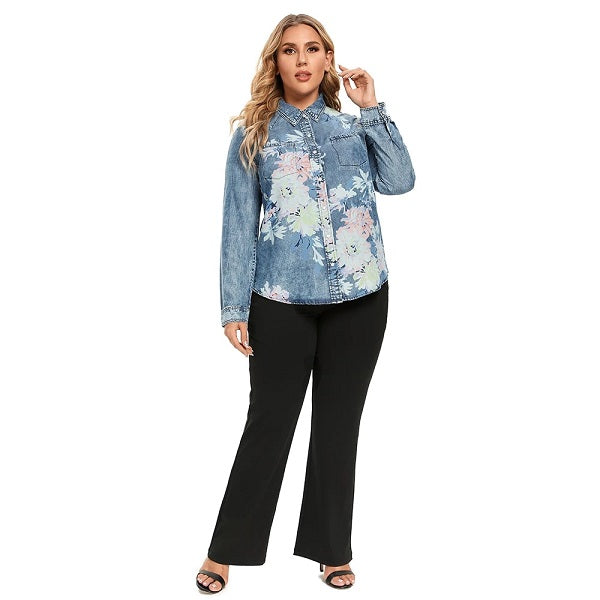 Denim Tops Shirt Casual Printed Long Sleeve Blouses Mssza