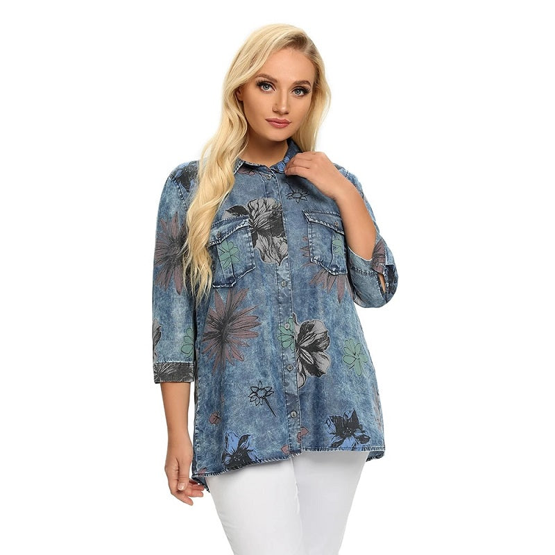 Denim Tops Shirt Casual Sleeve Printed Blouses Mssza