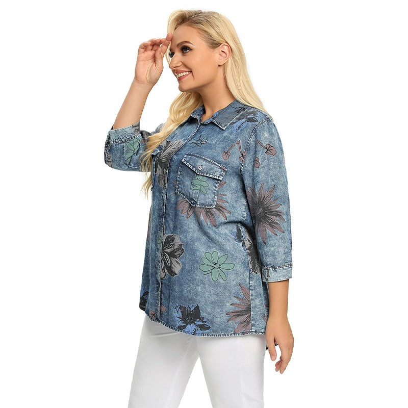 Denim Tops Shirt Casual Sleeve Printed Blouses Mssza
