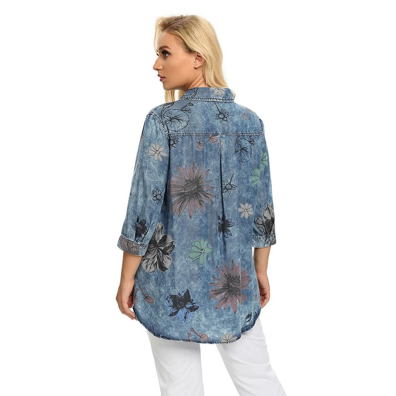 Denim Tops Shirt Casual Sleeve Printed Blouses Mssza