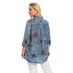 Denim Tops Shirt Casual Sleeve Printed Blouses Mssza