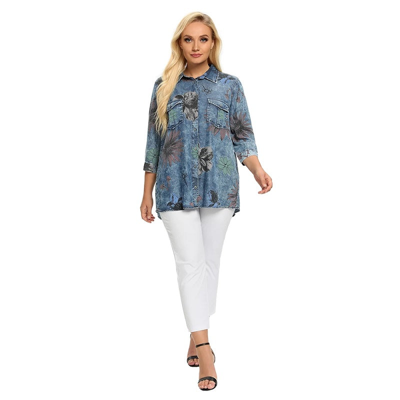 Denim Tops Shirt Casual Sleeve Printed Blouses Mssza