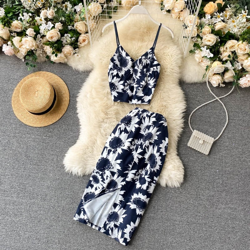 Designer Flower Set Strap Short Tops + High Waist Slim Split Skirt Mssza