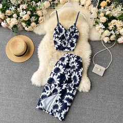 Designer Flower Set Strap Short Tops + High Waist Slim Split Skirt Mssza