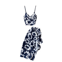 Designer Flower Set Strap Short Tops + High Waist Slim Split Skirt Mssza