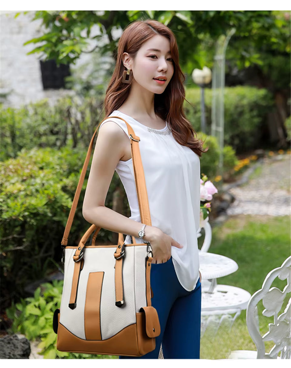 Designer Leather Patchwork Large Capacity Tote Shoulder Handbag Mssza