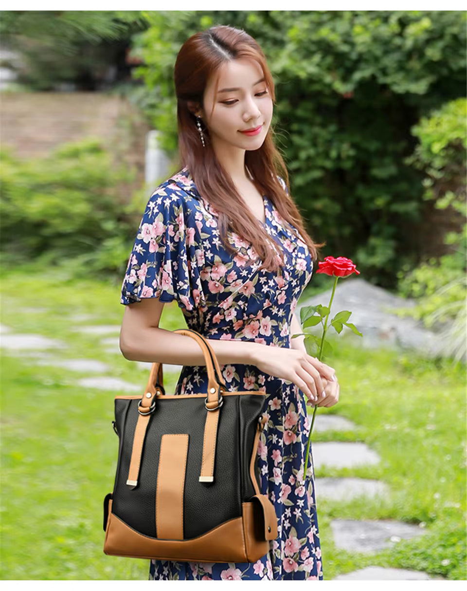 Designer Leather Patchwork Large Capacity Tote Shoulder Handbag Mssza