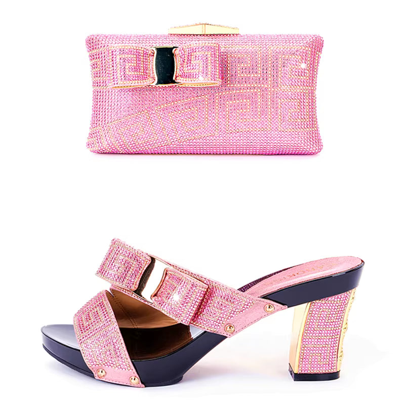 Diamond Bow Wallet High-Heeled Slippers Crystal Shoe Bag set Mssza