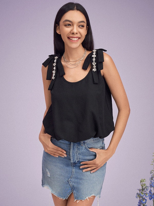 Diamond Chain Bowknot Strap U-neck Tank Top Mssza