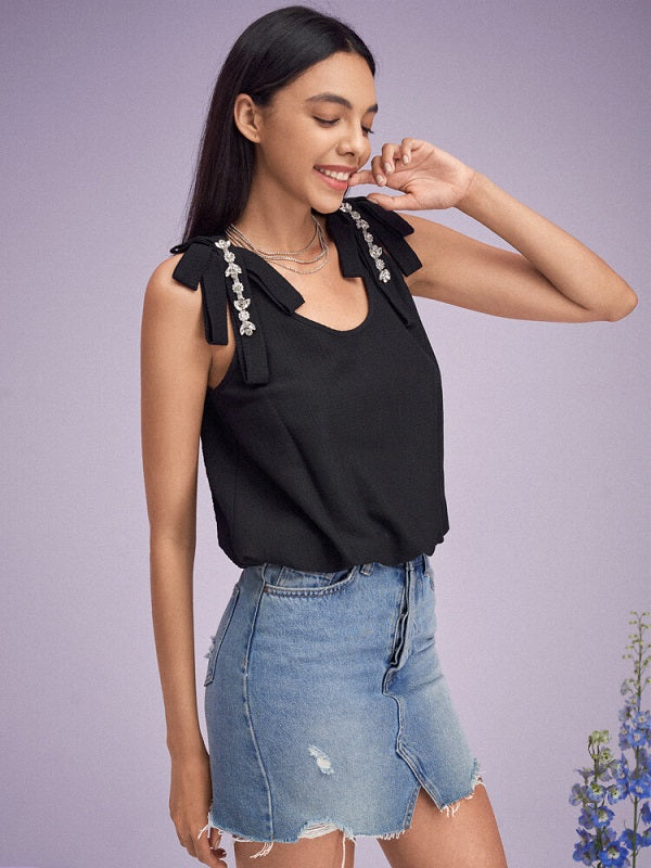 Diamond Chain Bowknot Strap U-neck Tank Top Mssza