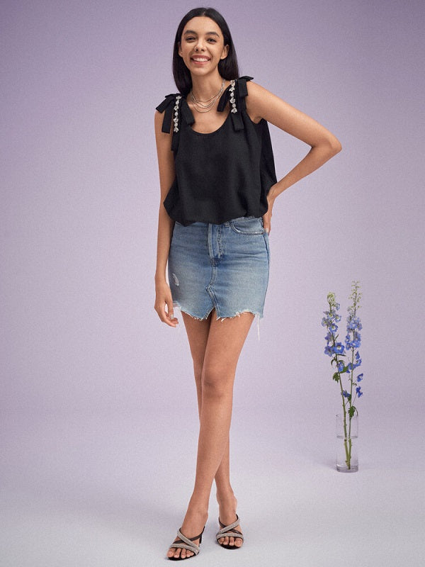 Diamond Chain Bowknot Strap U-neck Tank Top Mssza