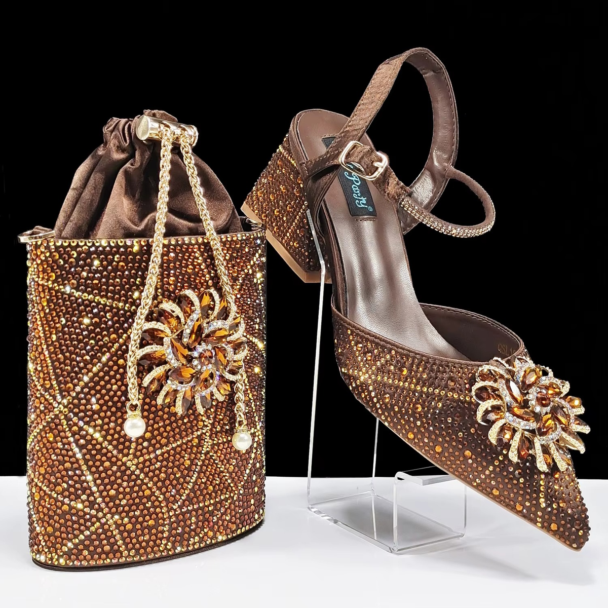 Geometric Diamond Oval Stand Bag Buckle Strap High Square Heels Mssza