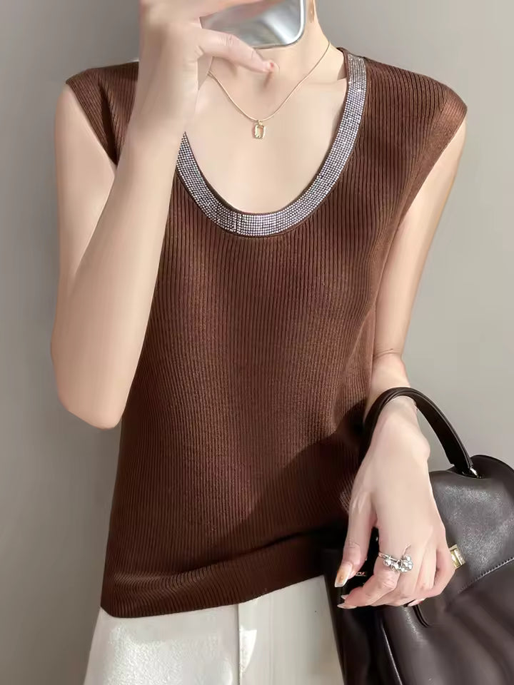 Diamond U-neck Sleeveless knitted Vest Tank Tops Mssza