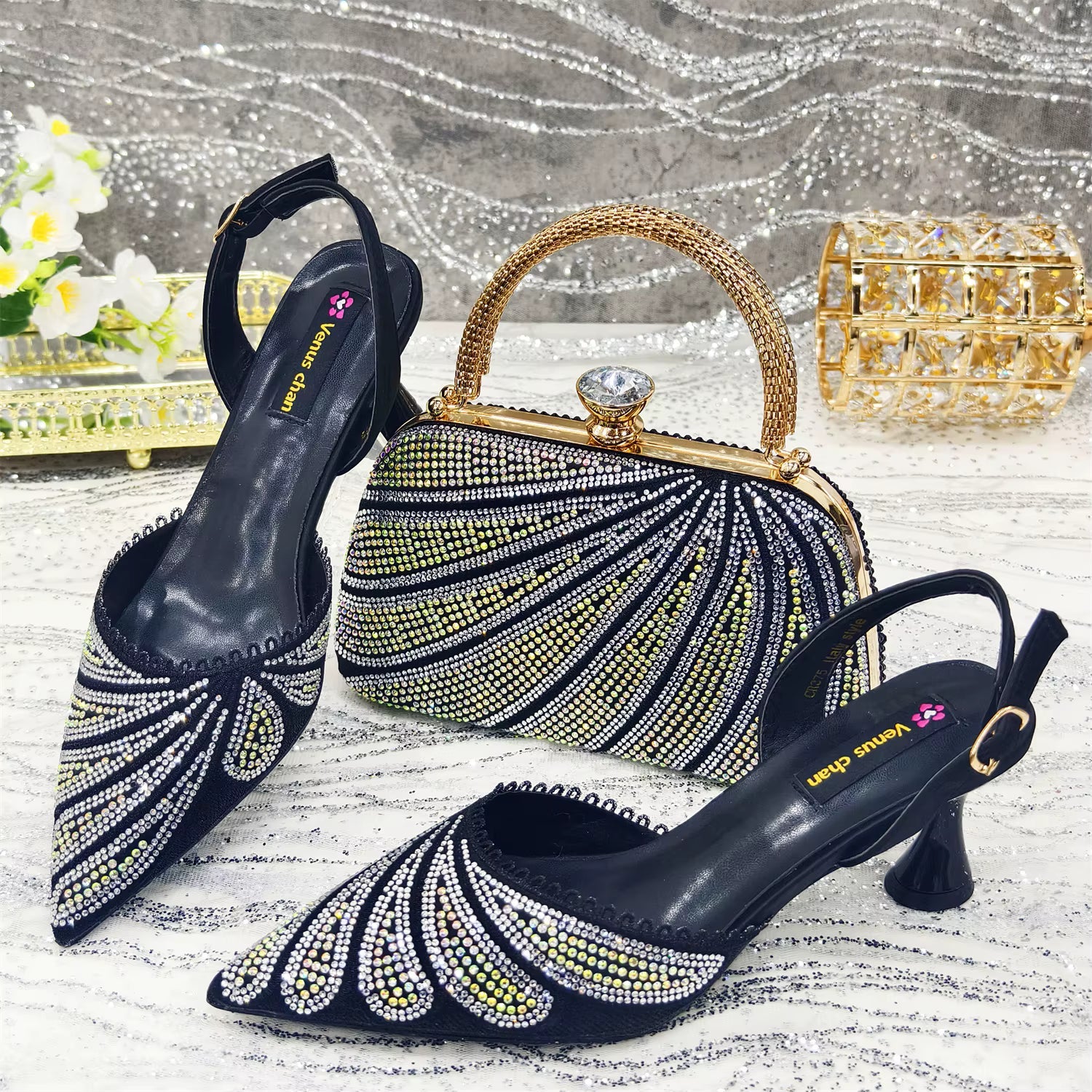 Diamond Studded Pointed Toe Party High Heels Gorgeous Shoes and Bag Mssza
