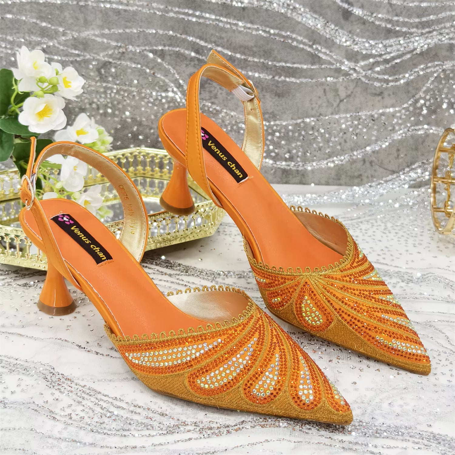 Diamond Studded Pointed Toe Party High Heels Gorgeous Shoes and Bag Mssza