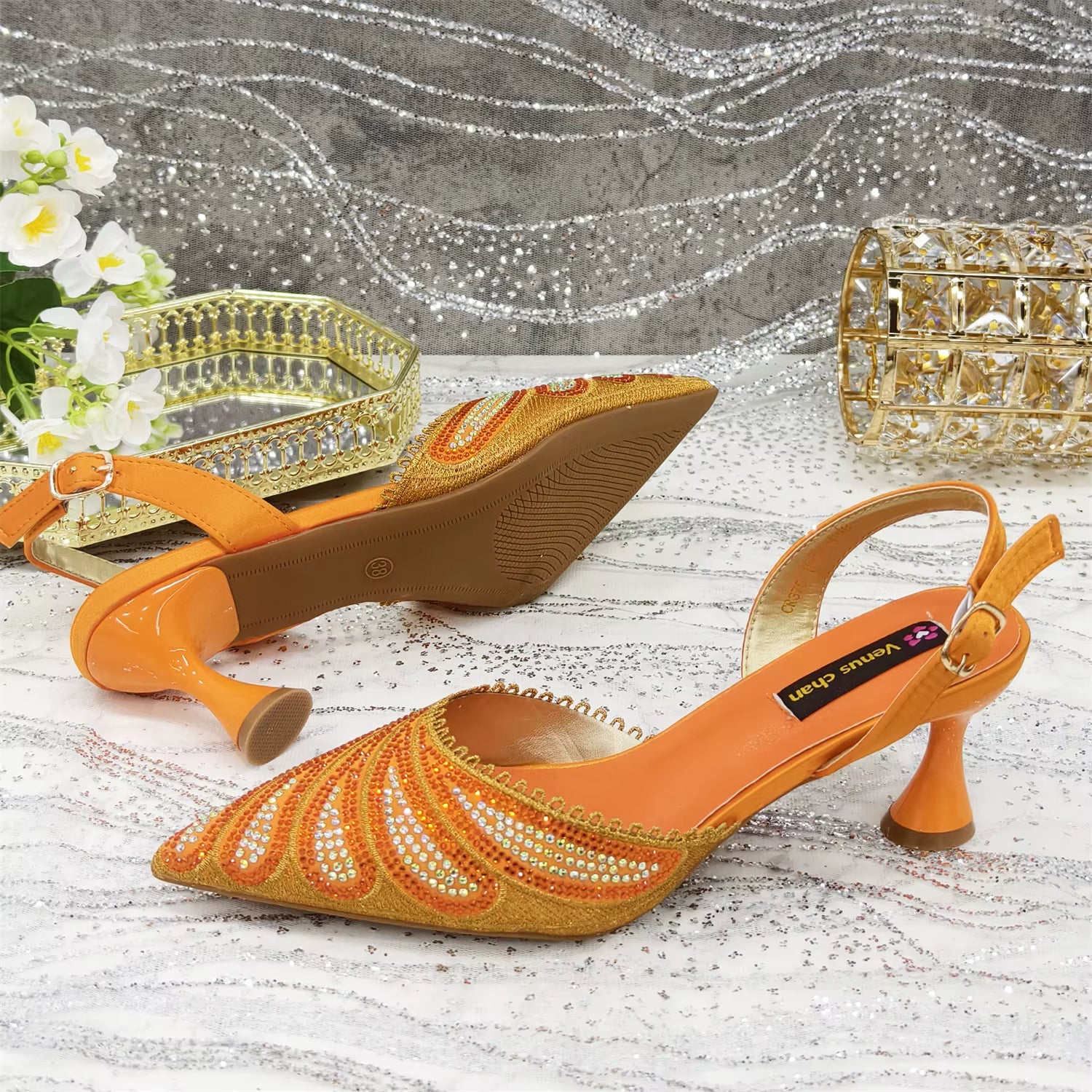 Diamond Studded Pointed Toe Party High Heels Gorgeous Shoes and Bag Mssza