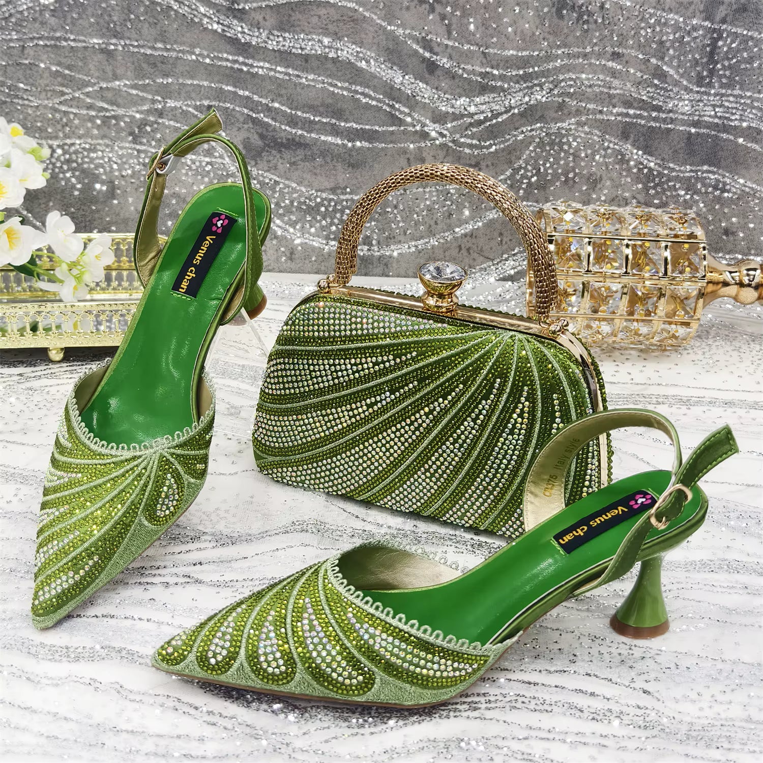 Diamond Studded Pointed Toe Party High Heels Gorgeous Shoes and Bag Mssza