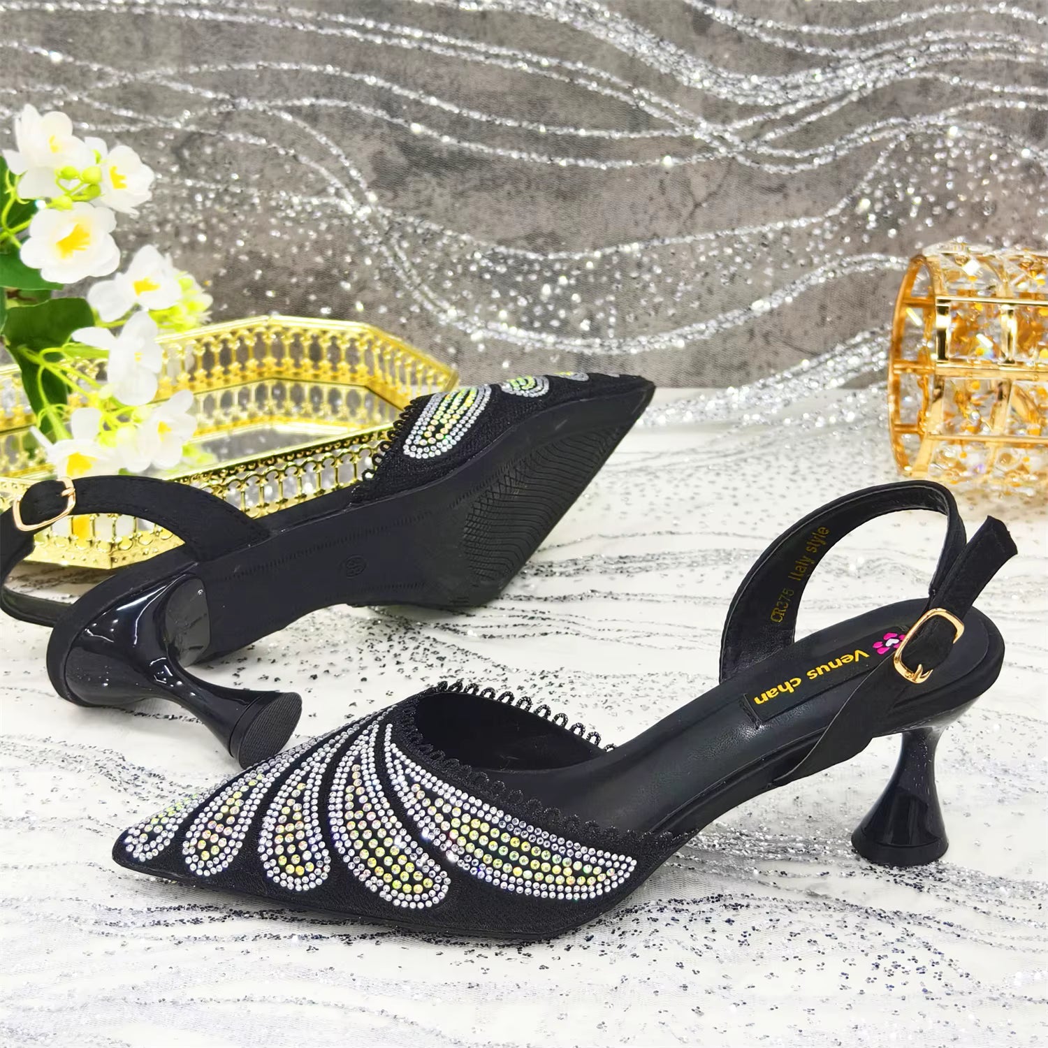 Diamond Studded Pointed Toe Party High Heels Gorgeous Shoes and Bag Mssza