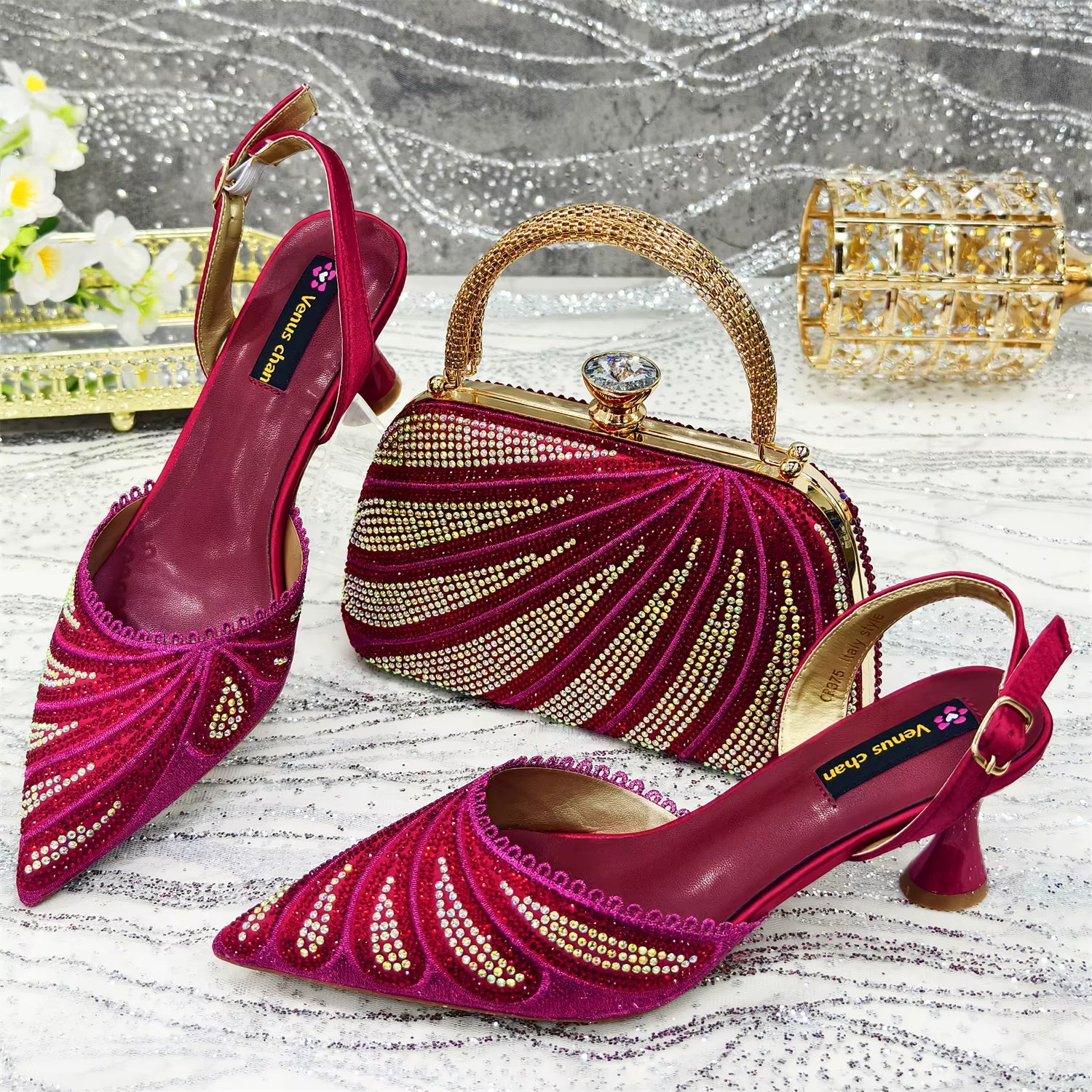 Diamond Studded Pointed Toe Party High Heels Gorgeous Shoes and Bag Mssza