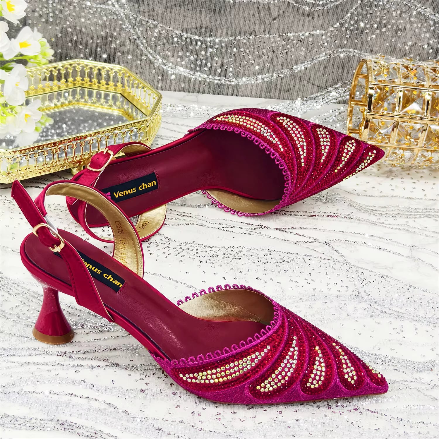 Diamond Studded Pointed Toe Party High Heels Gorgeous Shoes and Bag Mssza