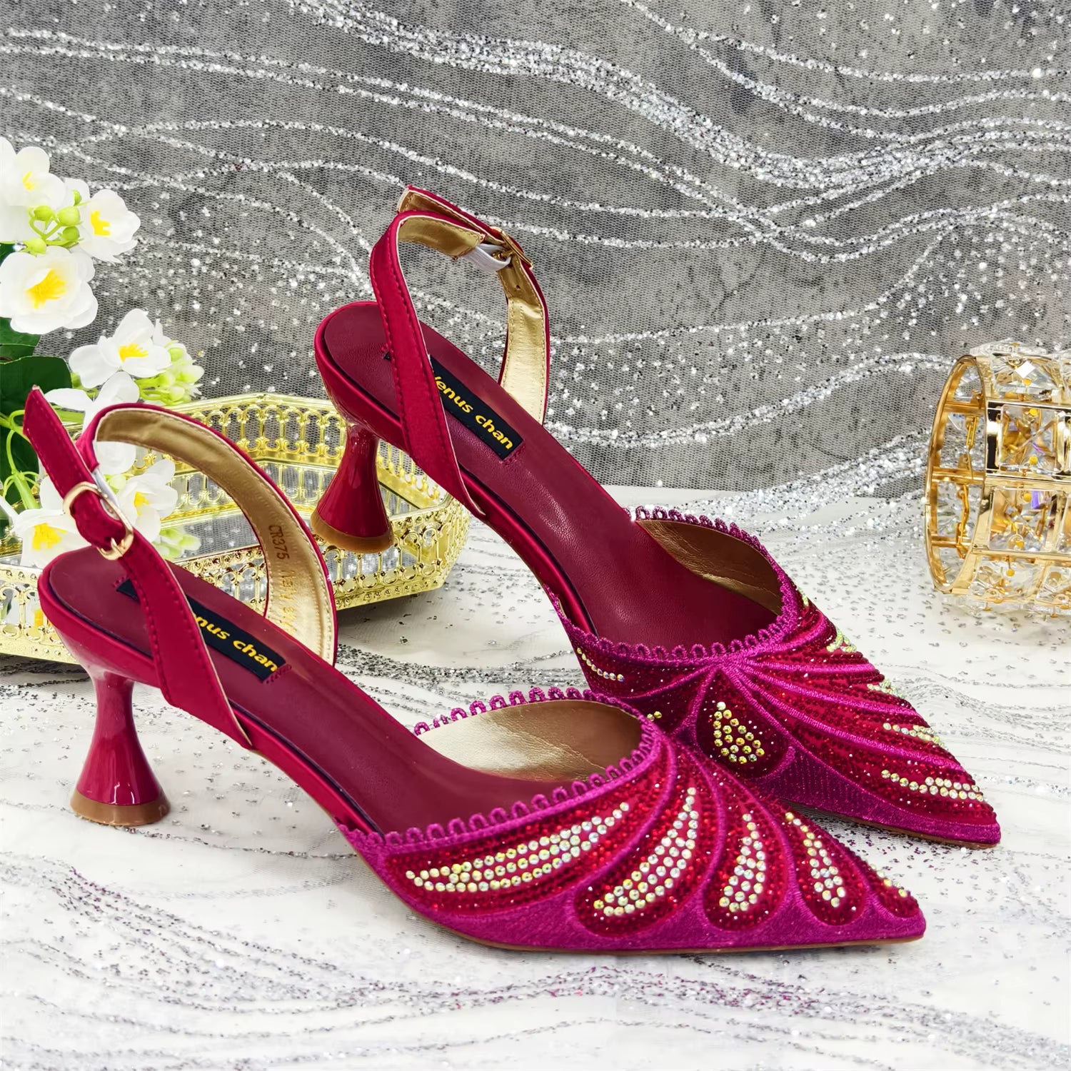 Diamond Studded Pointed Toe Party High Heels Gorgeous Shoes and Bag Mssza