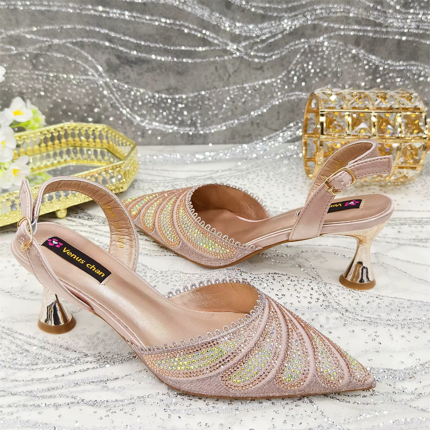 Diamond Studded Pointed Toe Party High Heels Gorgeous Shoes and Bag Mssza