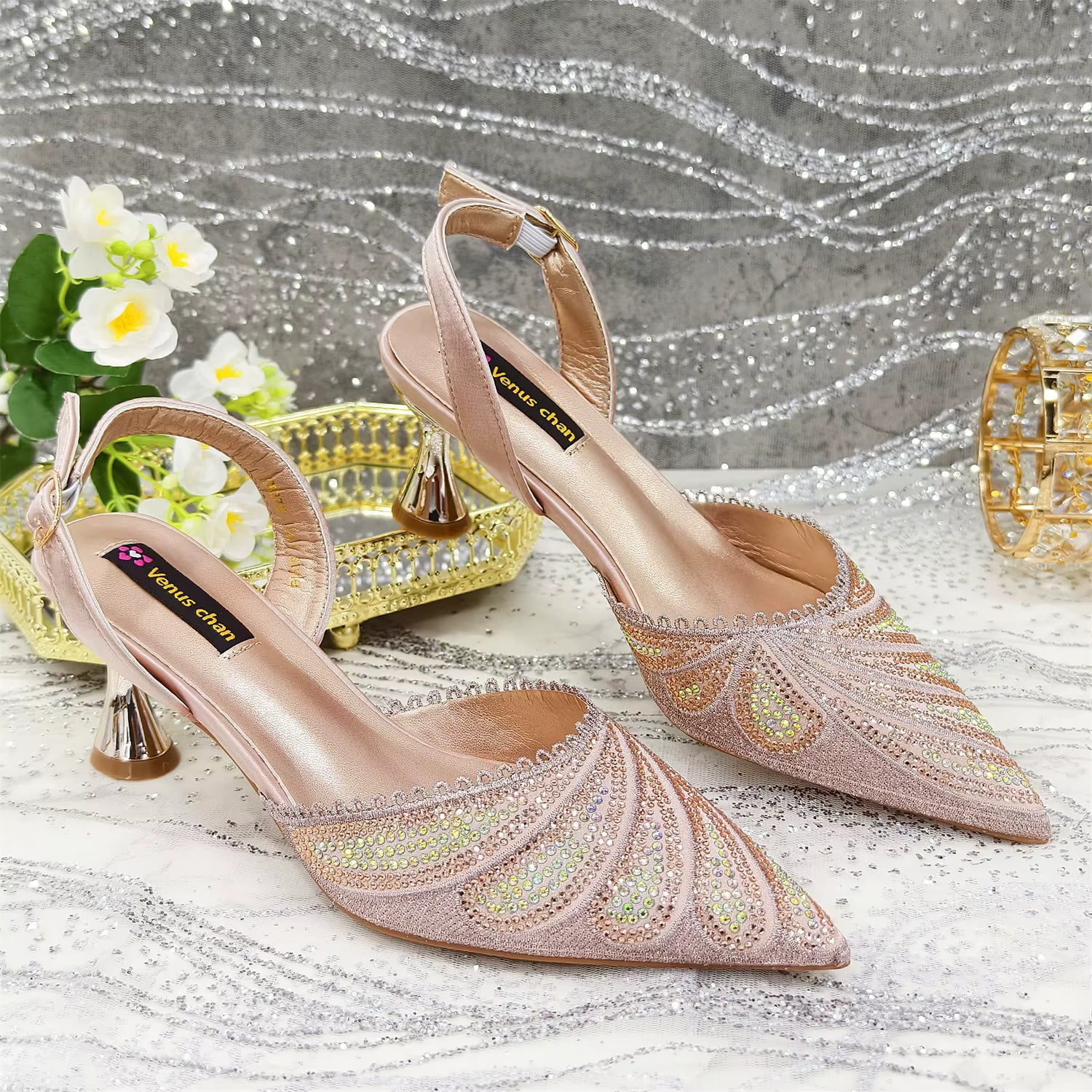 Diamond Studded Pointed Toe Party High Heels Gorgeous Shoes and Bag Mssza