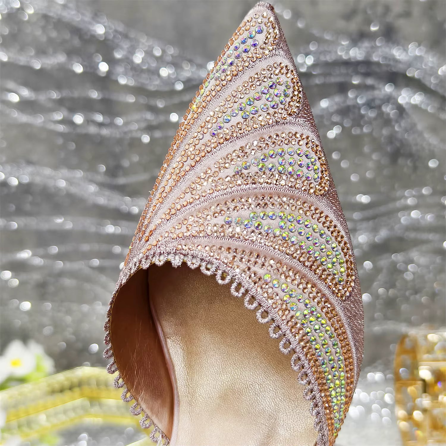 Diamond Studded Pointed Toe Party High Heels Gorgeous Shoes and Bag Mssza