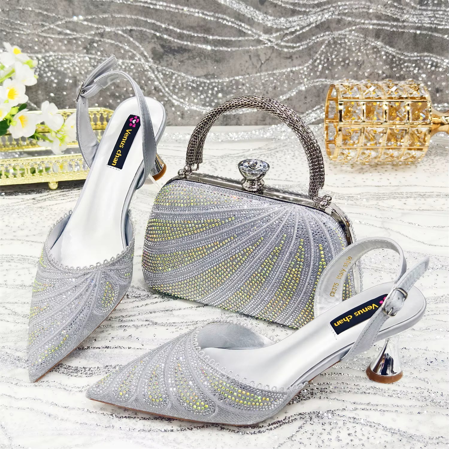 Diamond Studded Pointed Toe Party High Heels Gorgeous Shoes and Bag Mssza