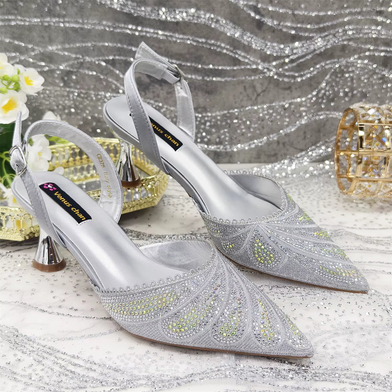Diamond Studded Pointed Toe Party High Heels Gorgeous Shoes and Bag Mssza