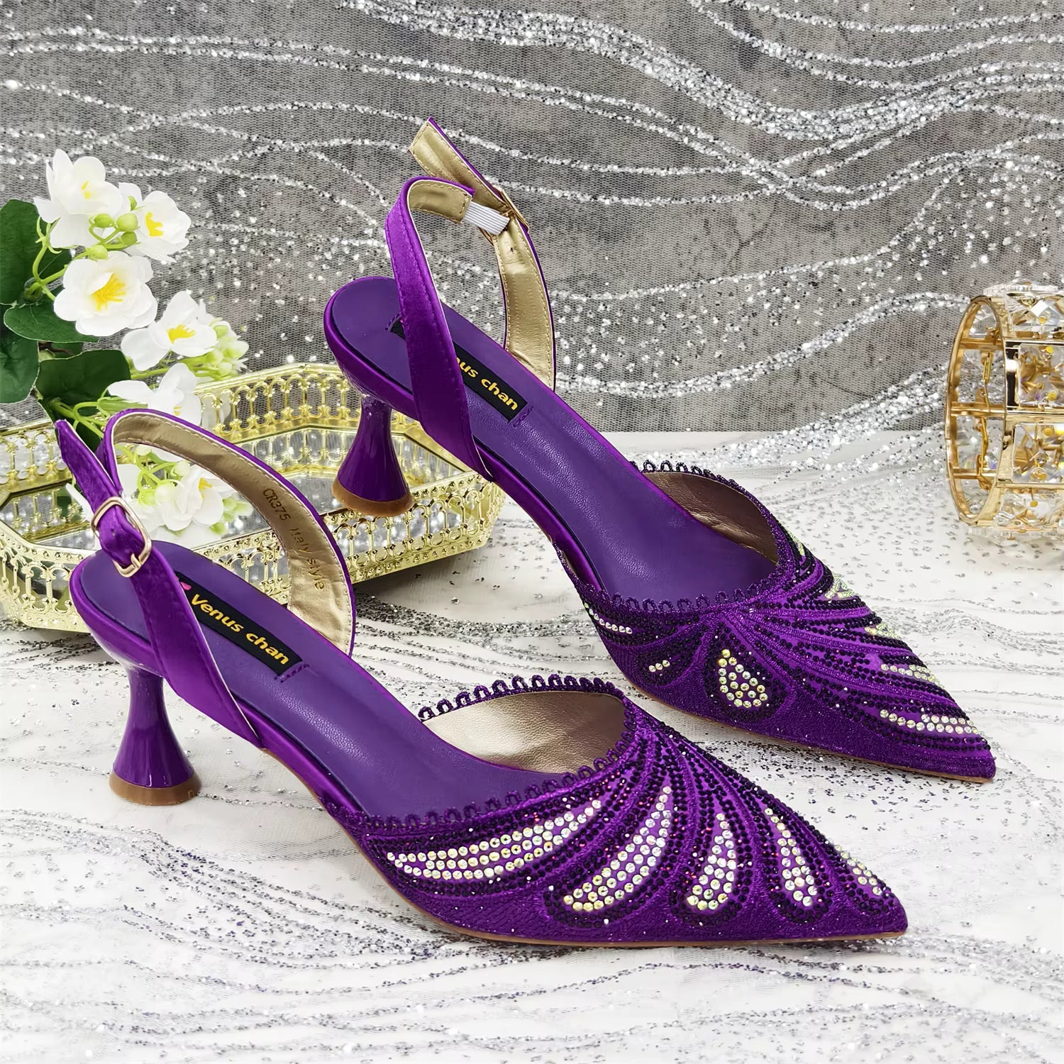 Diamond Studded Pointed Toe Party High Heels Gorgeous Shoes and Bag Mssza