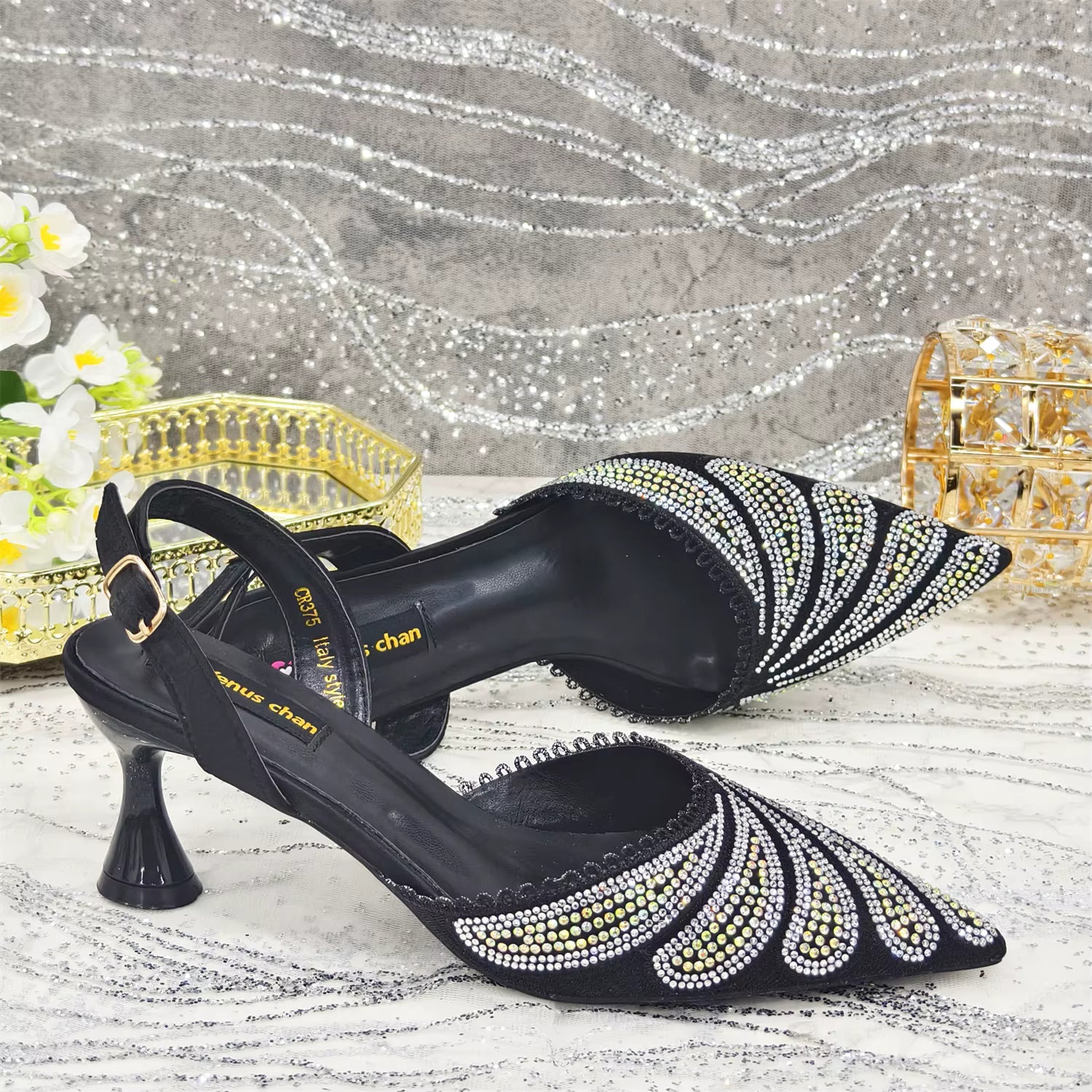 Diamond Studded Pointed Toe Party High Heels Gorgeous Shoes and Bag Mssza