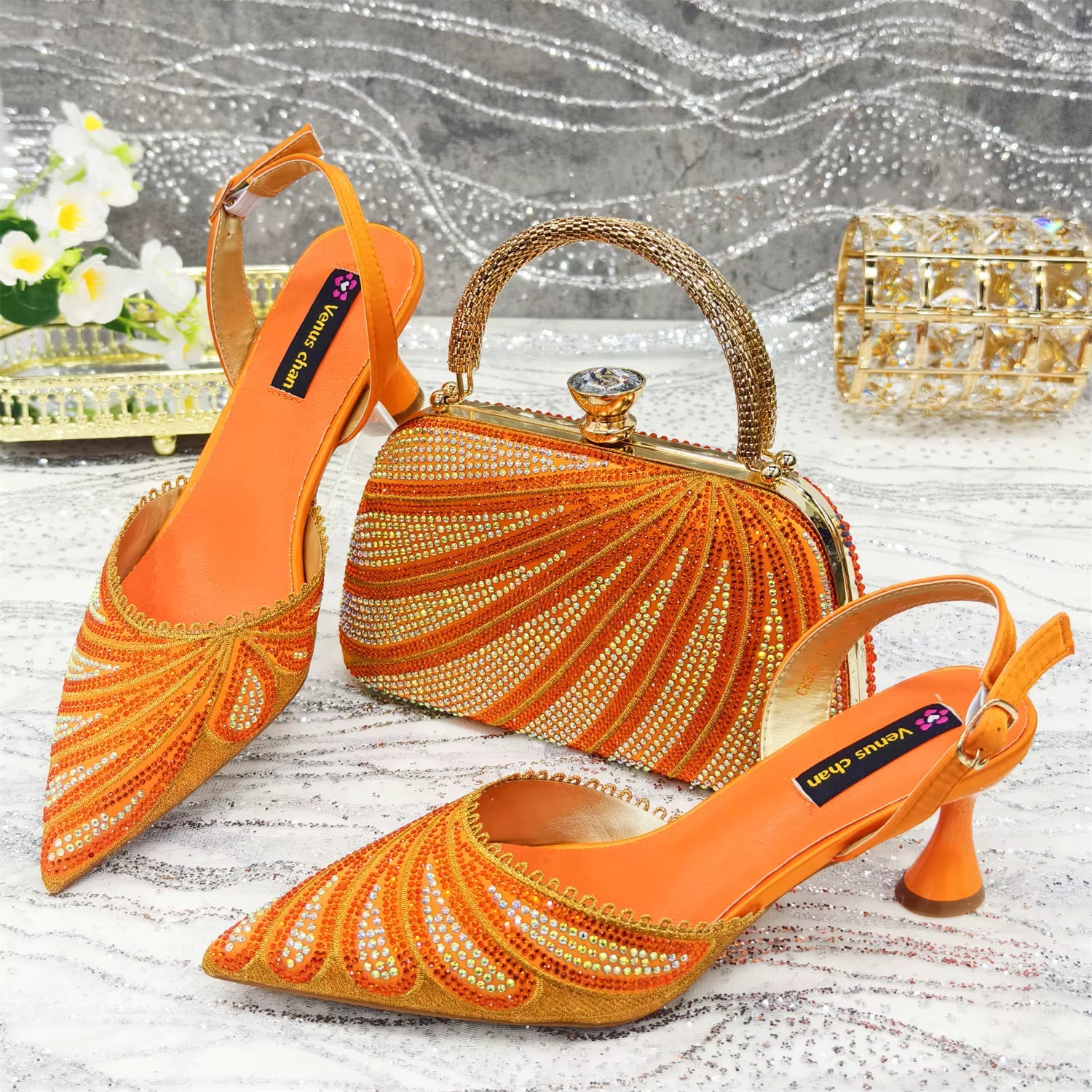 Diamond Studded Pointed Toe Party High Heels Gorgeous Shoes and Bag Mssza