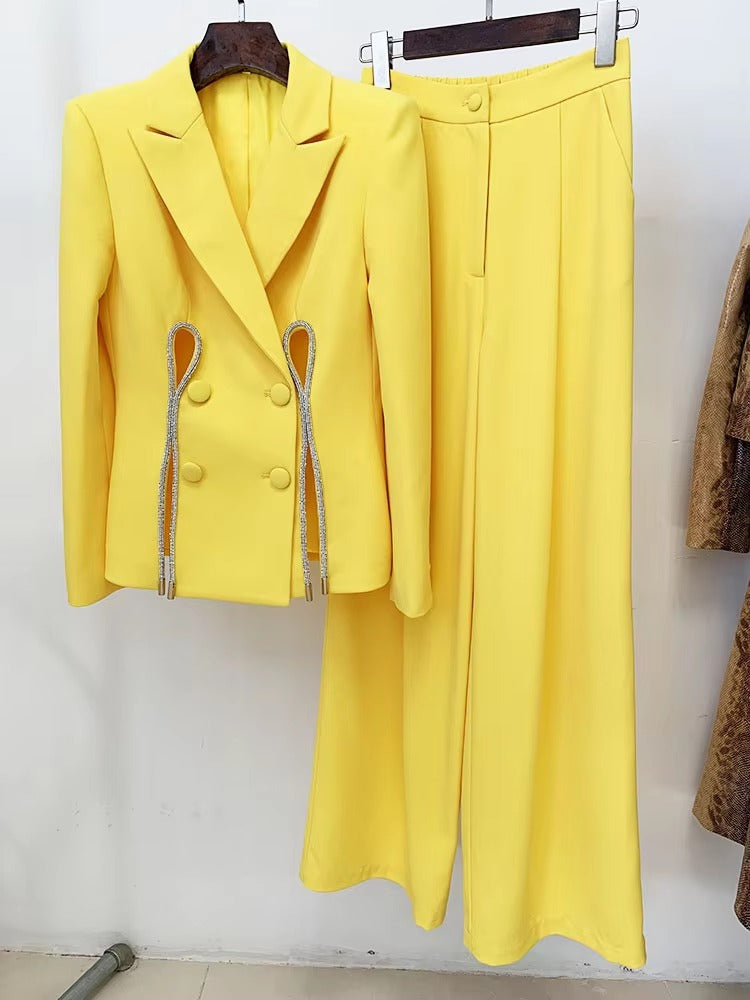 Diamonds Beaded Notched button fly Slit Blazer Runway HIGH STREET Straight Pants Suit Set Mssza