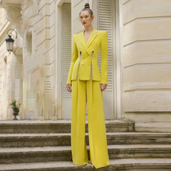 Diamonds Beaded Notched button fly Slit Blazer Runway HIGH STREET Straight Pants Suit Set Mssza
