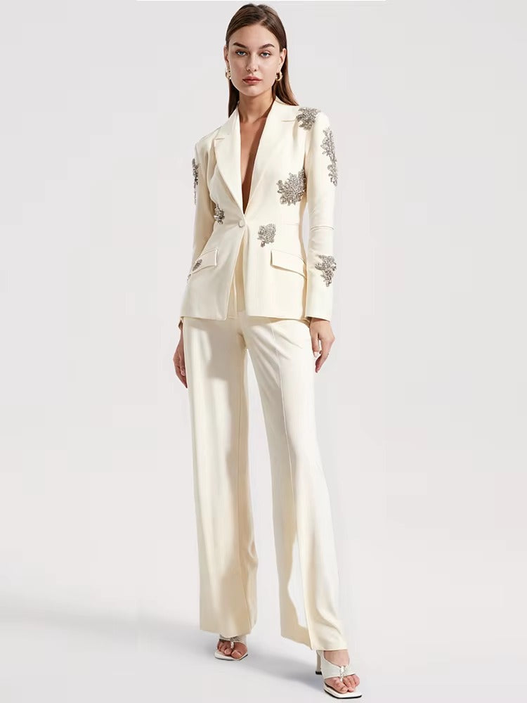 Diamonds Beaded Single Button Blazer Wide Leg Pants 2 Pieces Pantsuits Mssza