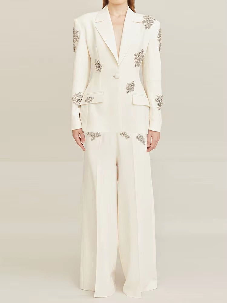 Diamonds Beaded Single Button Blazer Wide Leg Pants 2 Pieces Pantsuits Mssza