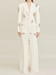 Diamonds Beaded Single Button Blazer Wide Leg Pants 2 Pieces Pantsuits Mssza
