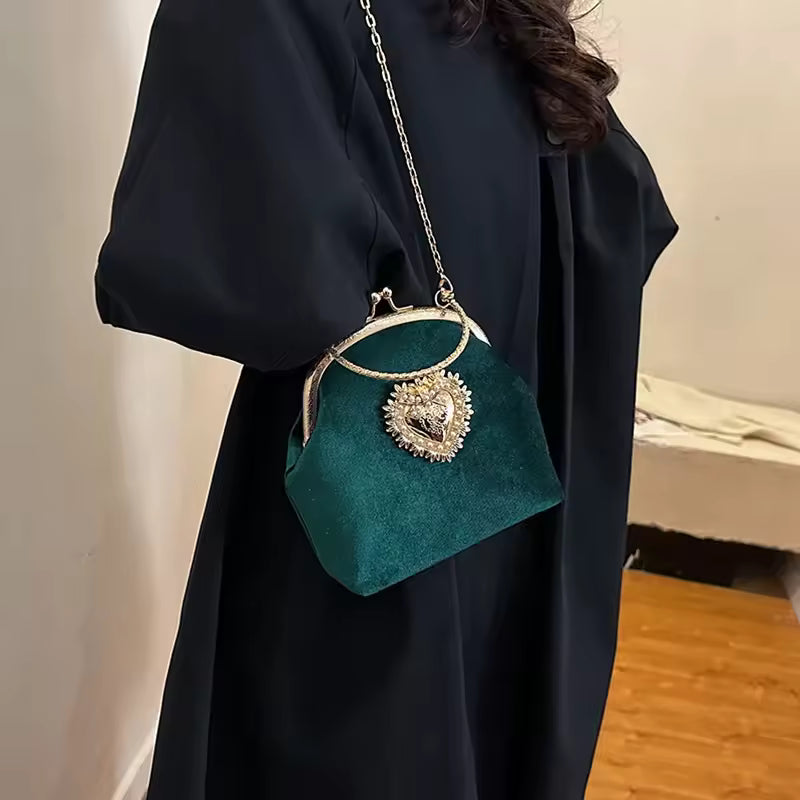 Diamonds Chains Velvet Frame Heart Shoulder and Crossbody Dinner Hand Bags Mssza