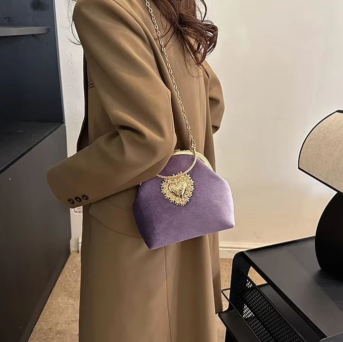Diamonds Chains Velvet Frame Heart Shoulder and Crossbody Dinner Hand Bags Mssza