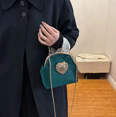 Diamonds Chains Velvet Frame Heart Shoulder and Crossbody Dinner Hand Bags Mssza