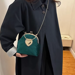 Diamonds Chains Velvet Frame Heart Shoulder and Crossbody Dinner Hand Bags Mssza