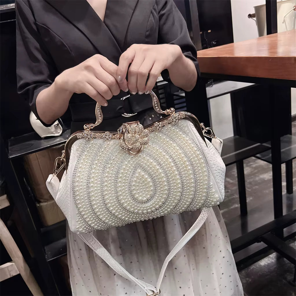 Diamonds Genuine Leather Pearl Clip Crossbody Shoulder Party Evening Bags Mssza