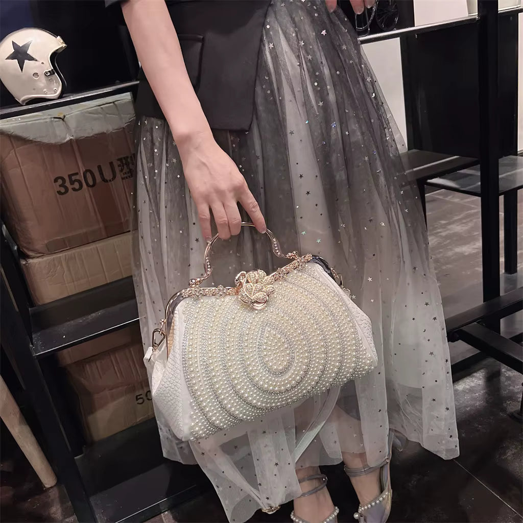 Diamonds Genuine Leather Pearl Clip Crossbody Shoulder Party Evening Bags Mssza